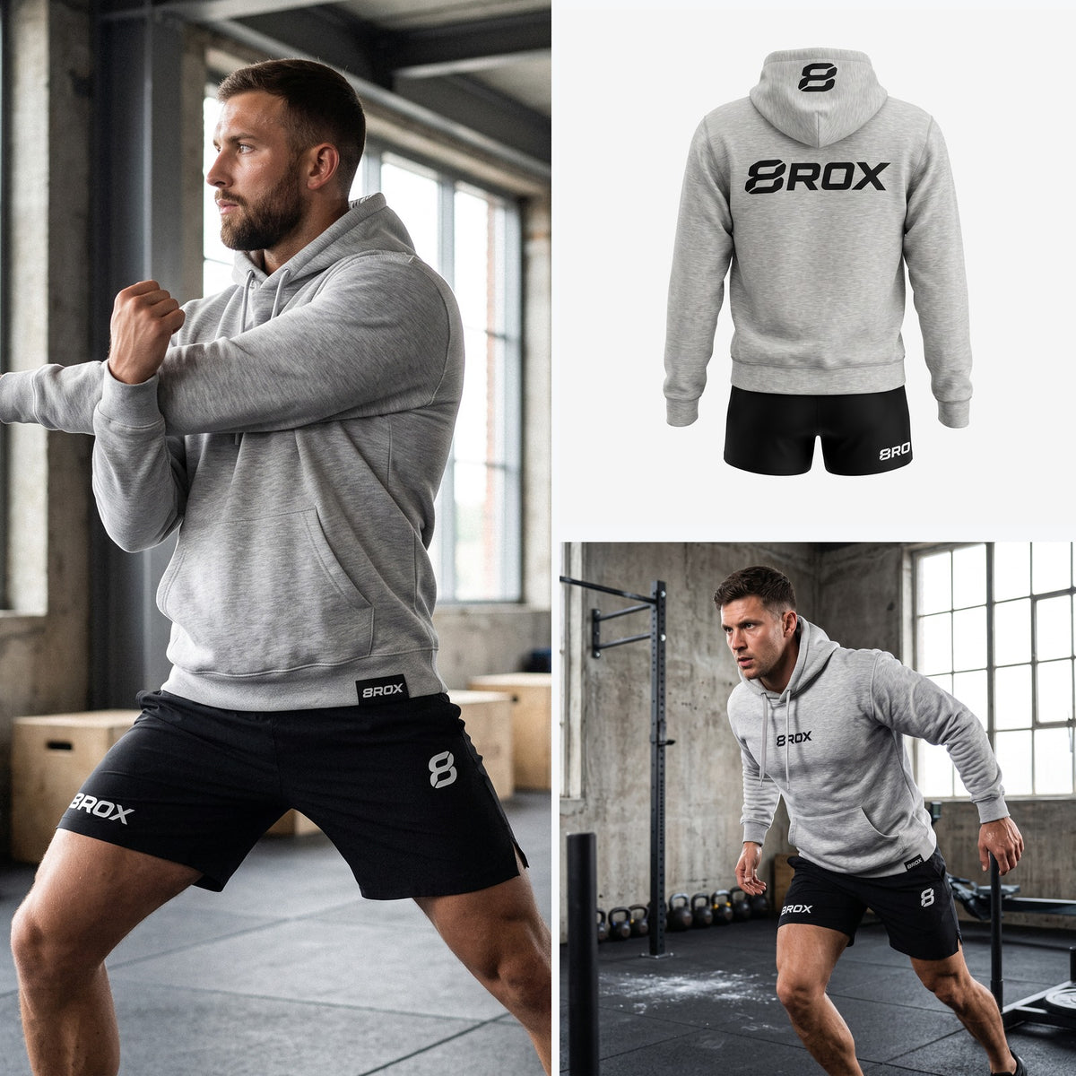 8ROX Performance Hoodie - Grey - front, back and action views