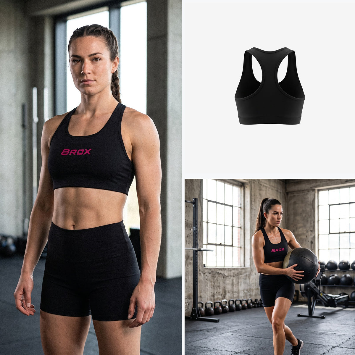 Ladies 8ROX Active Bra - Black / Pink - front, back and action views