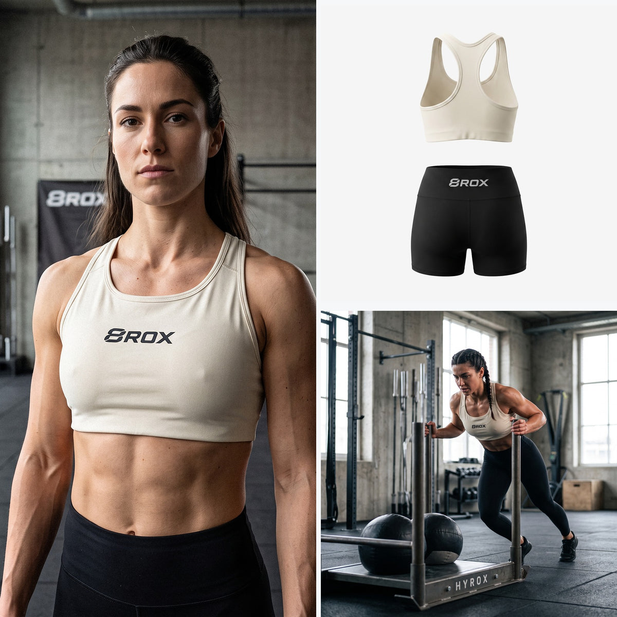 Ladies 8ROX Active Bra - Ecru - front, back and action views