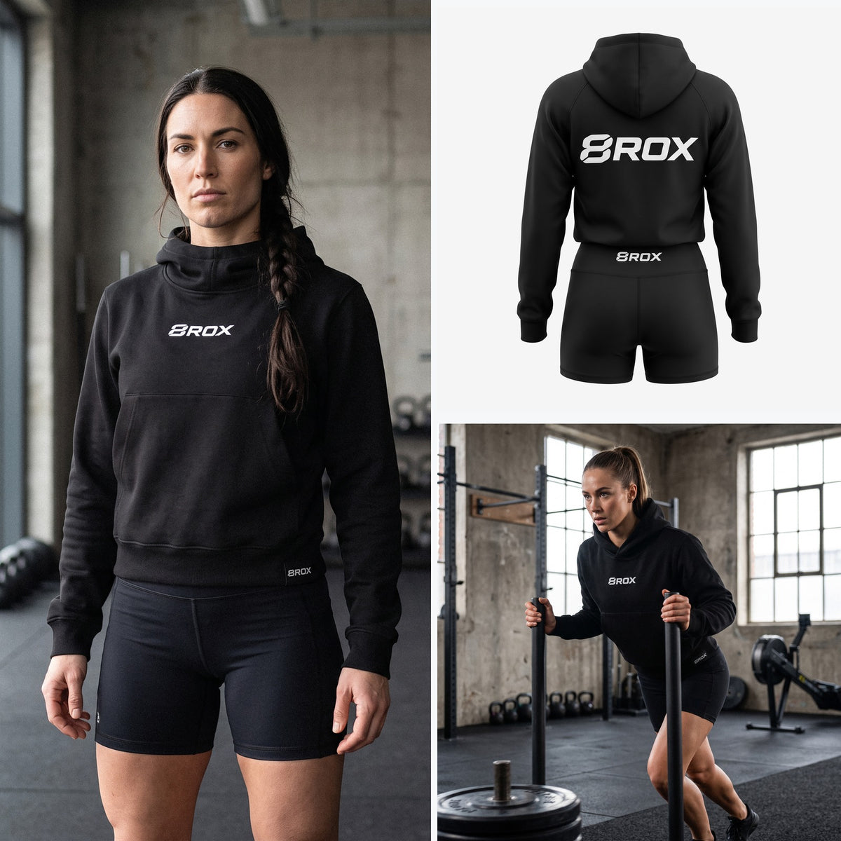 Ladies 8ROX Performance Hoodie - Black - front, back and action views
