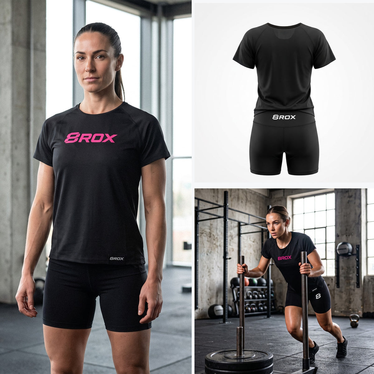Ladies 8ROX Performance Tee - Black / Pink - front, back and action views
