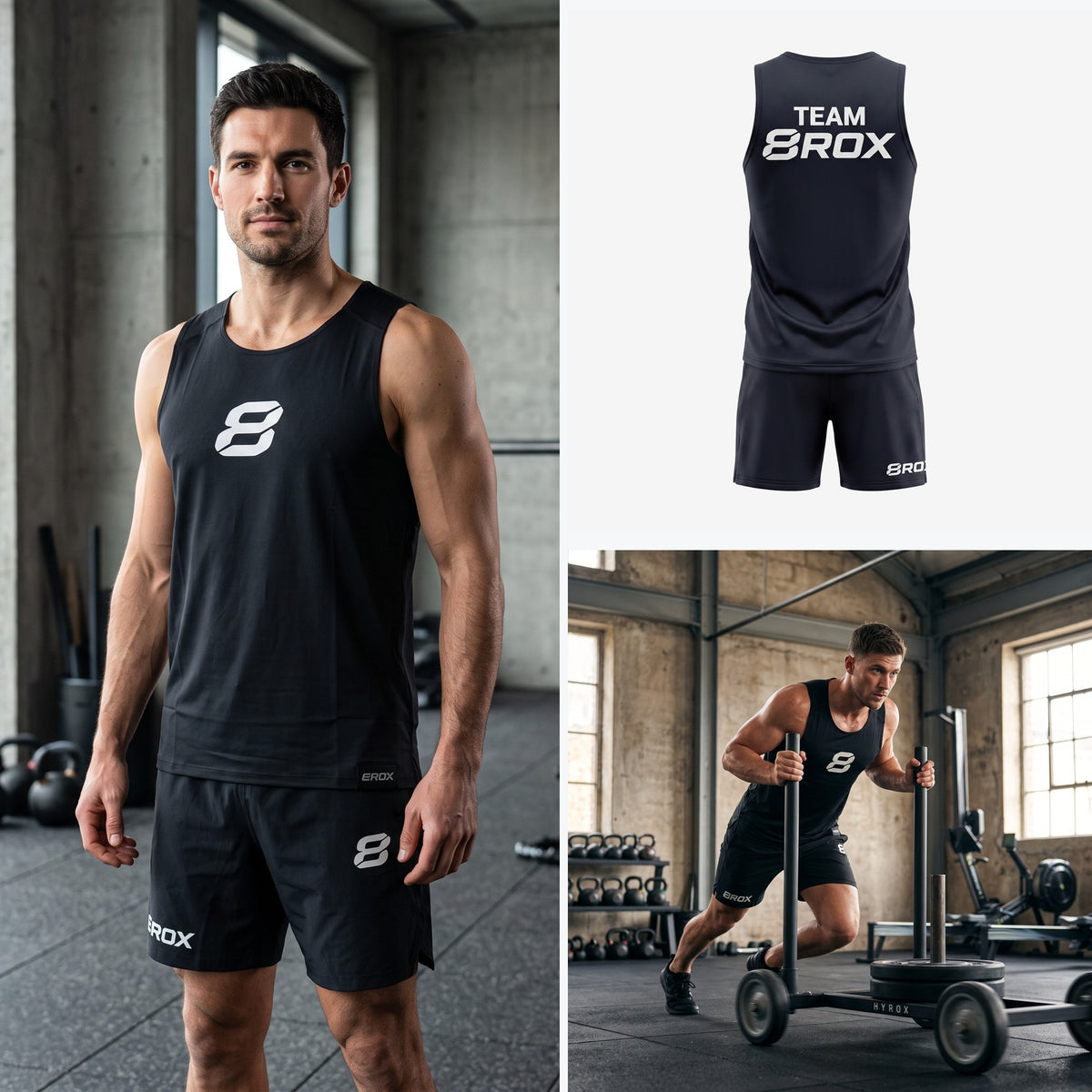 Team 8ROX Performance Vest - Black - front, back and action views