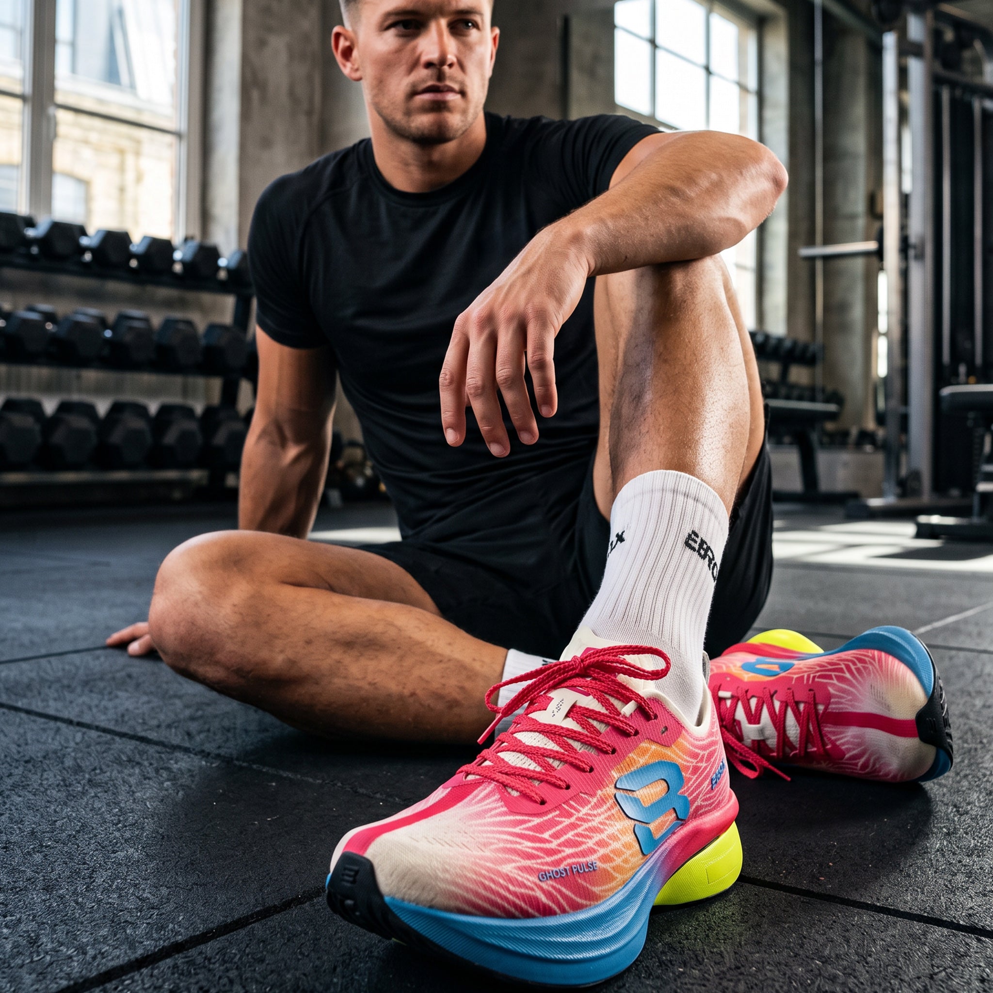 Hybrid athlete wearing Ghost Pulse trainers and 8ROX socks