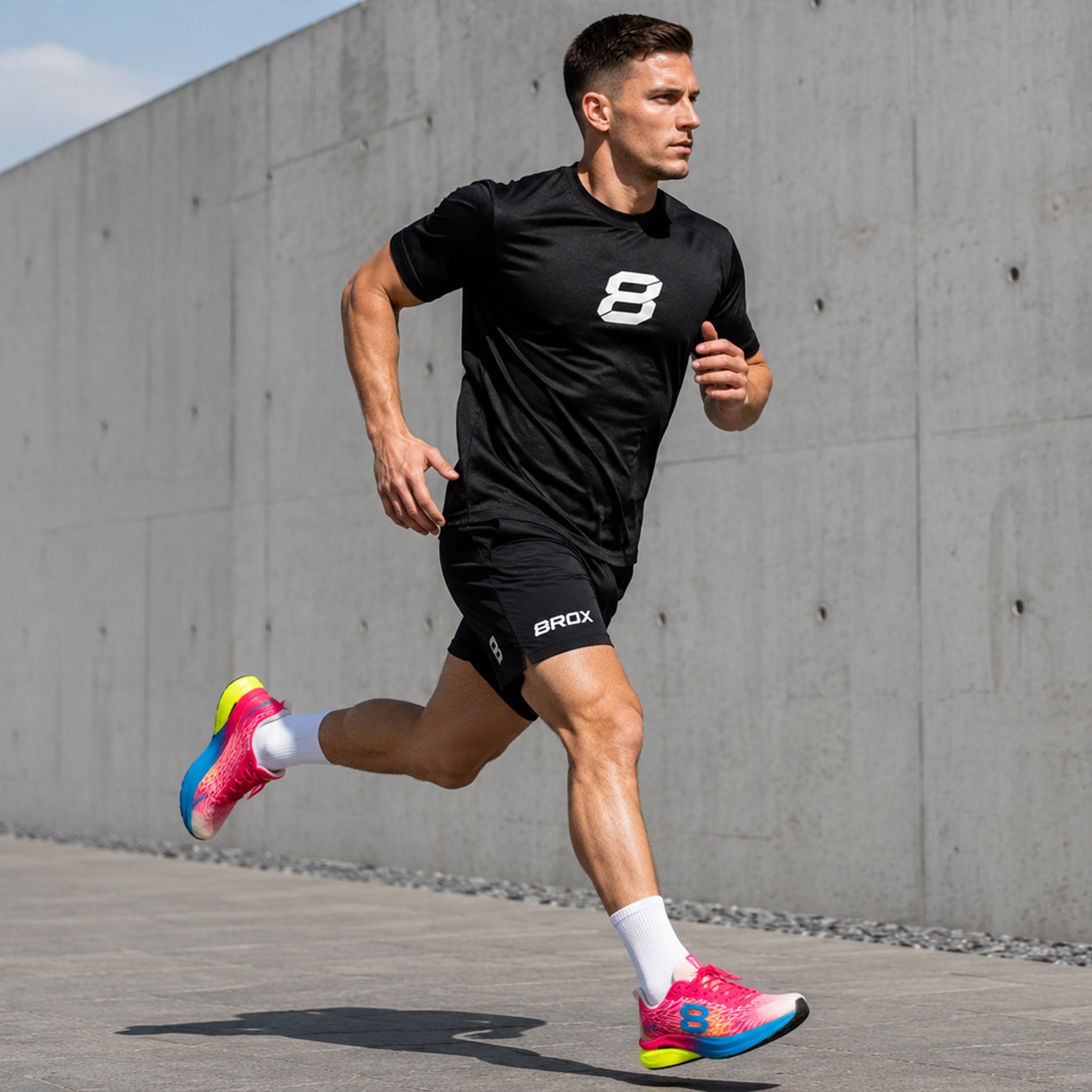 Athlete running in the 8ROX Ghost Pulse carbon hybrid trainer